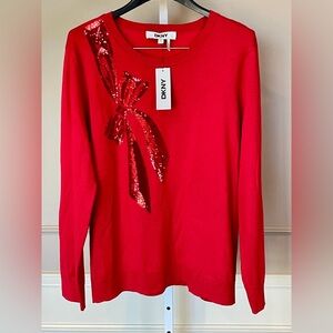 DKNY NWT Sweater XL Sequin Bow Crewneck Crimson Red Sparkle Embellished
